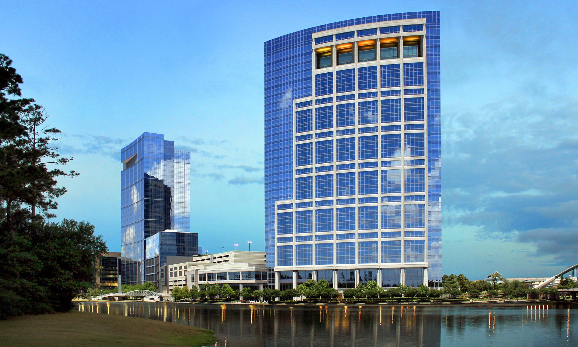 Allison Tower reflected on The Woodlands Waterway in Town Center